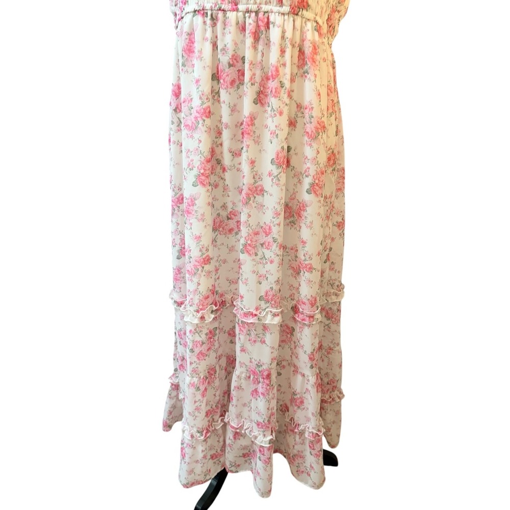 Lily Morgan Pink Floral Smocked Tiered Maxi Dress Large Cottagecore White Rose - Picture 4 of 12